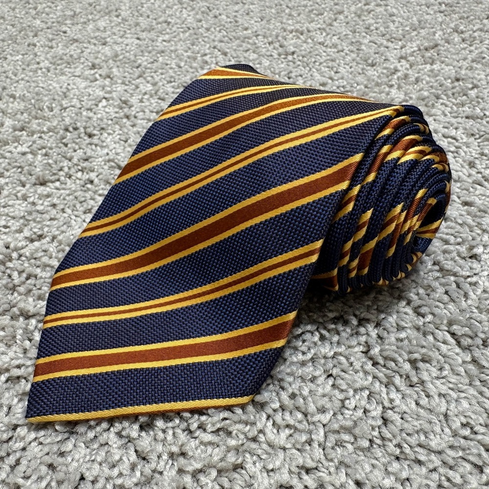 Dolcepunta Tie 3.75 x 60" Brown Navy Striped Jacquard 100% Silk Hand Made Italy